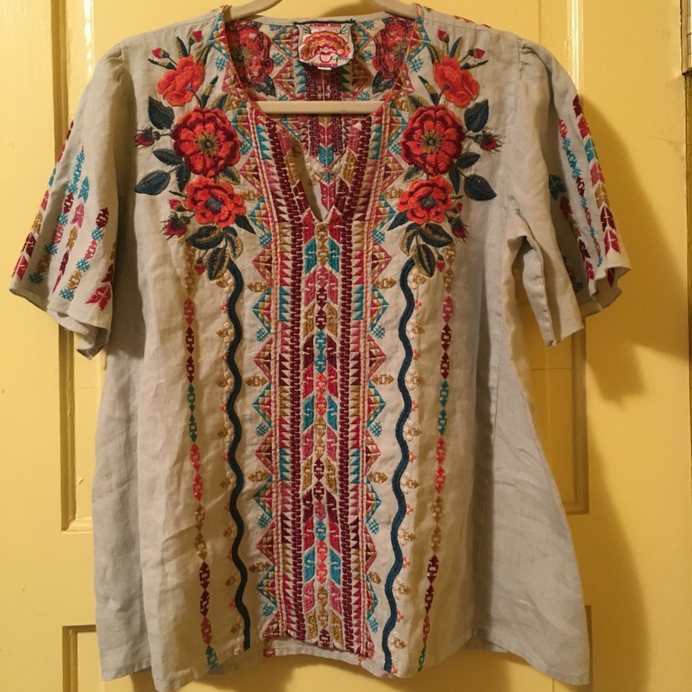 Johnny Was taupe grey embroidered  linen shirt